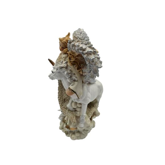 Vintage 1990s Etherial Angel with Unicorn Figurine Cream Gold Resin Y2K - Picture 4 of 7